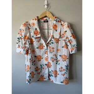 Dessin Studio Womens Floral Puff Sleeve Button Down Blouse White Orange Teal